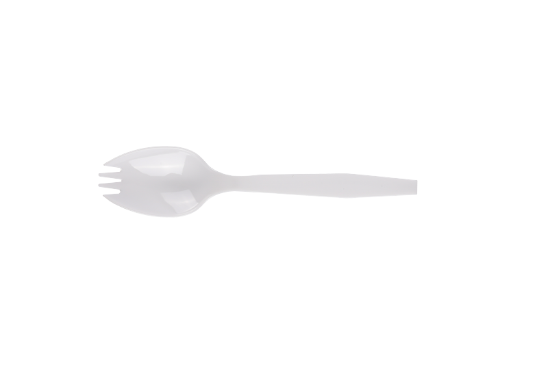 Spork ด้ามยาวพลาสติกสีขาวทิ้ง