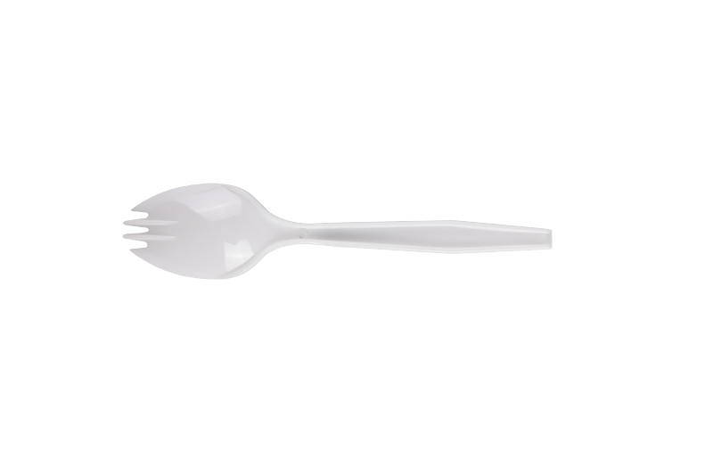 Spork ด้ามยาวพลาสติกสีขาวทิ้ง